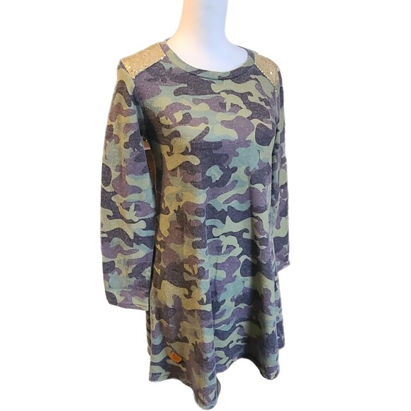 Simply Southern | Camo Green Turtles & Gold Sequin Sweater Dress, Size S (4-6) - Picture 3 of 9